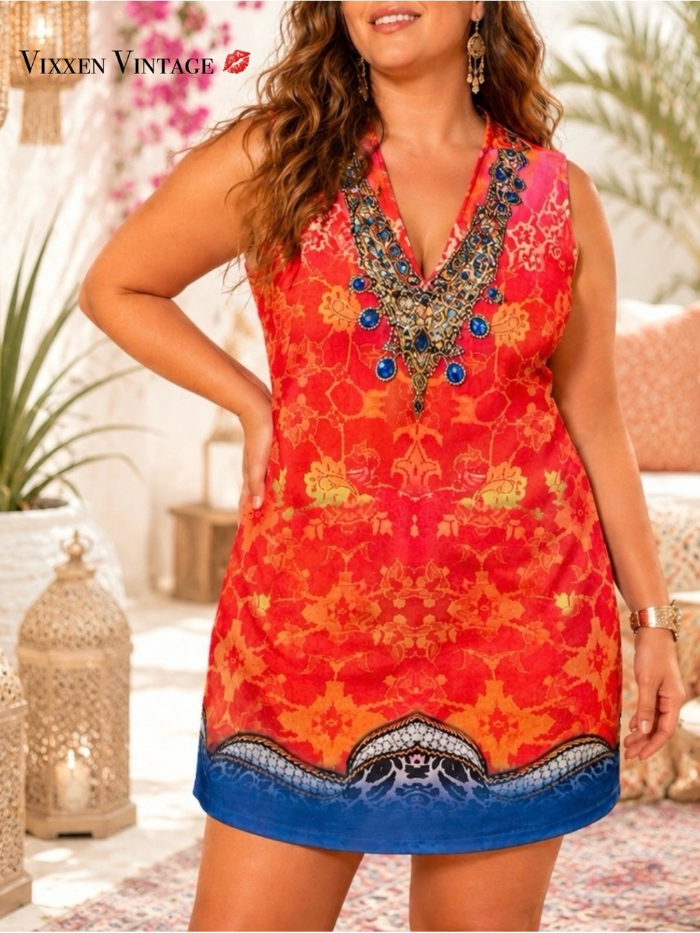 VENUS OMBRÉ PAISLEY SLEEVELESS JEWELED NECK BODYCON DRESS